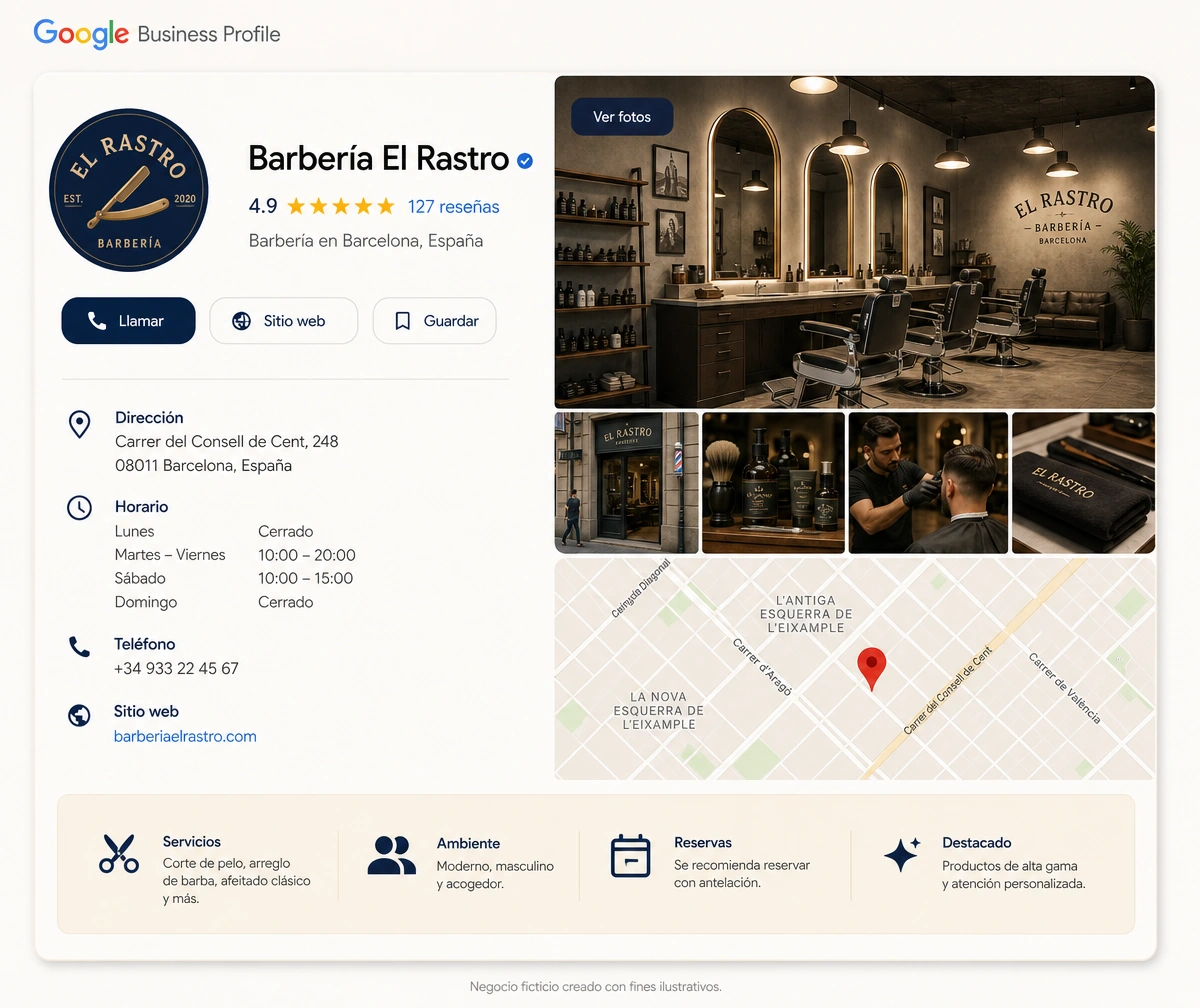 Ejemplo ficticio de un Perfil de Empresa de Google completo y optimizado